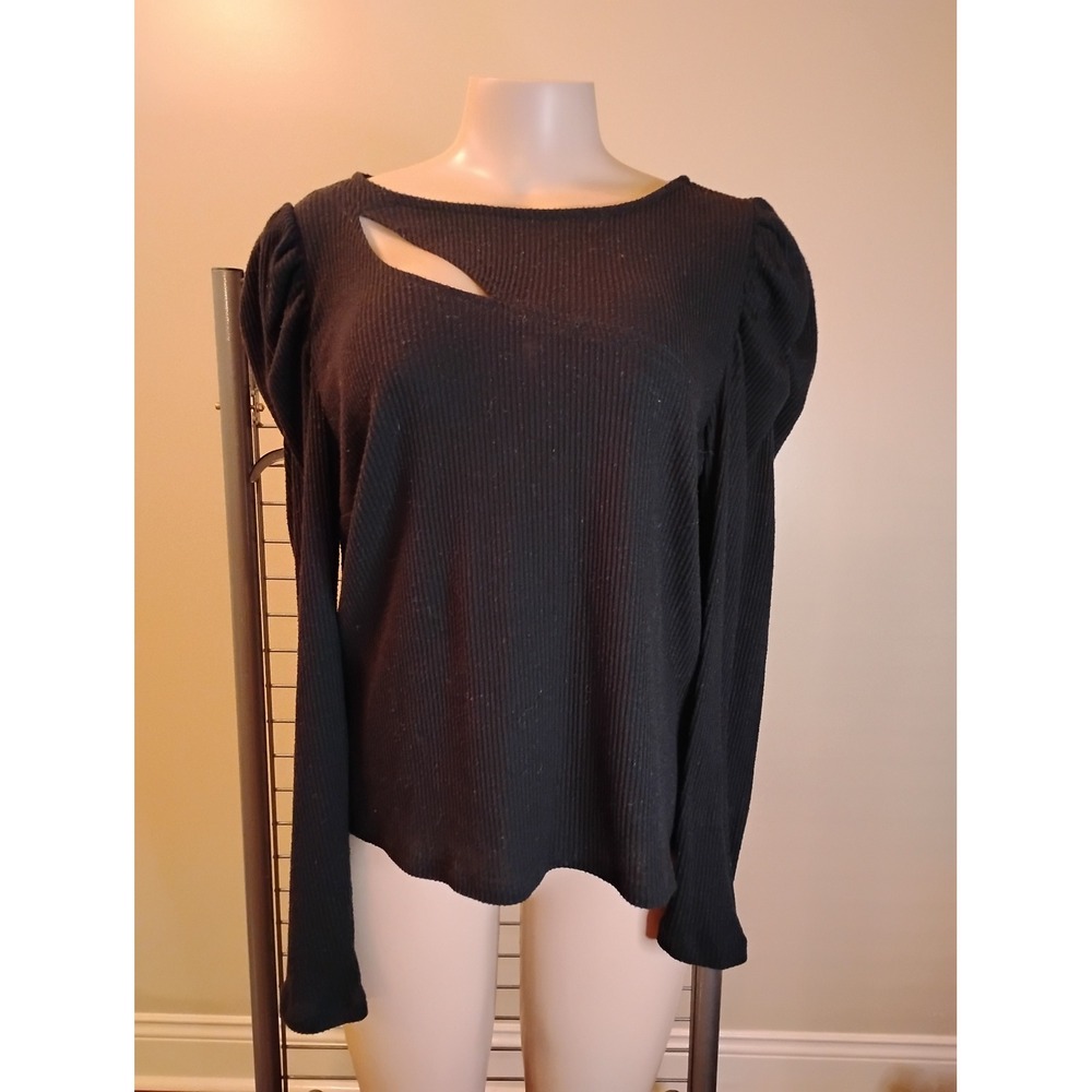Cato Black Ribbed Cutout Neck Puff Shoulder Long Sleeve Top 14/16W